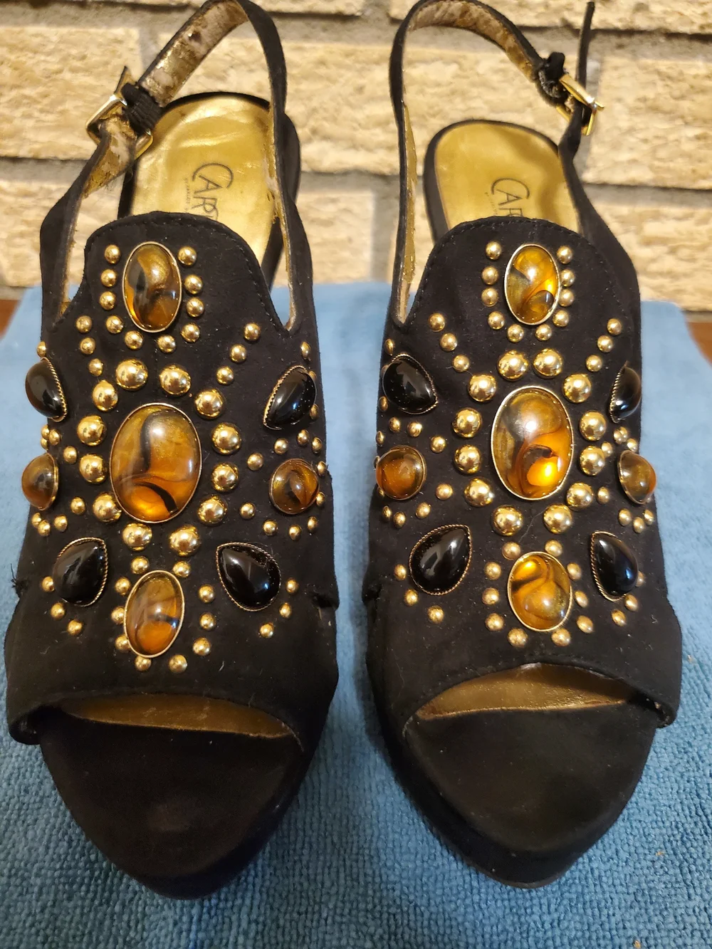 Carlos by Carlos Santana Black Suede Slingback Heels with Amber and Black Jewels